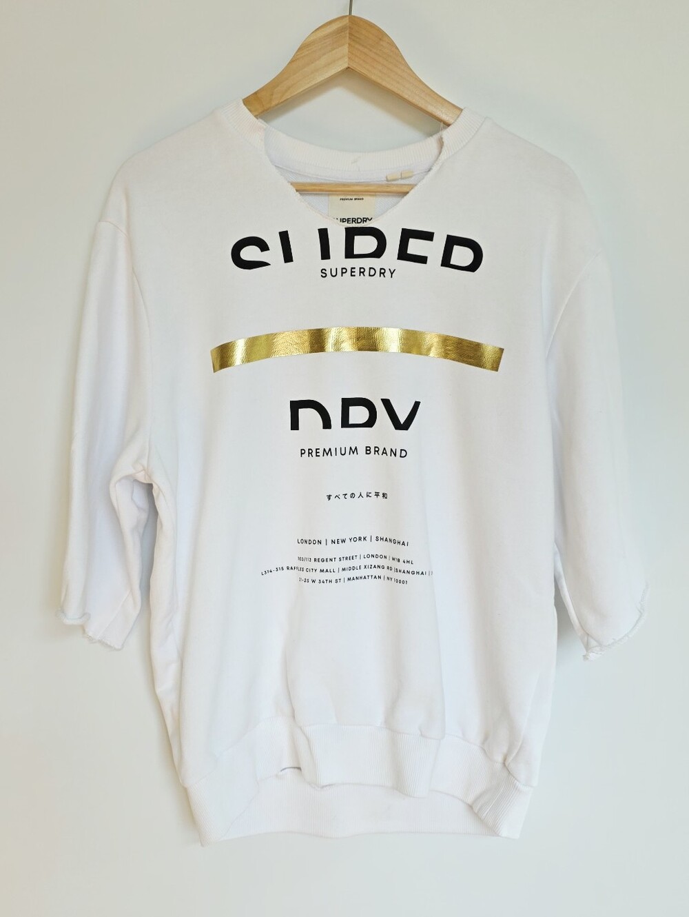 Superdry White Sweatshirt With Black Logo and Gold Stripe Women's Size 4